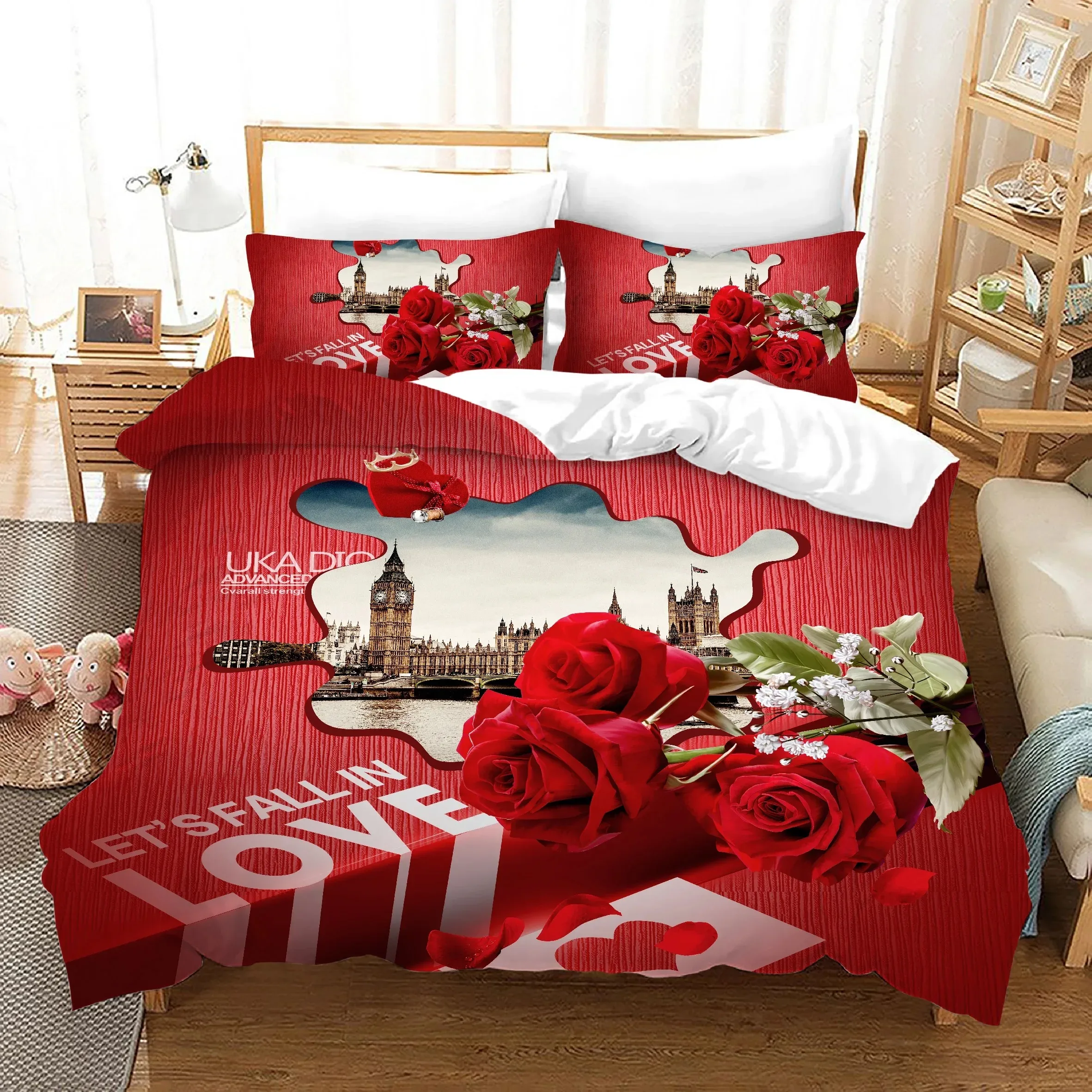 Bedroom Duvet Cover Sets Print Happy Valentine's Day Bedding Set Holiday Gifts Home Textiles Red Rose Bedclothes Double