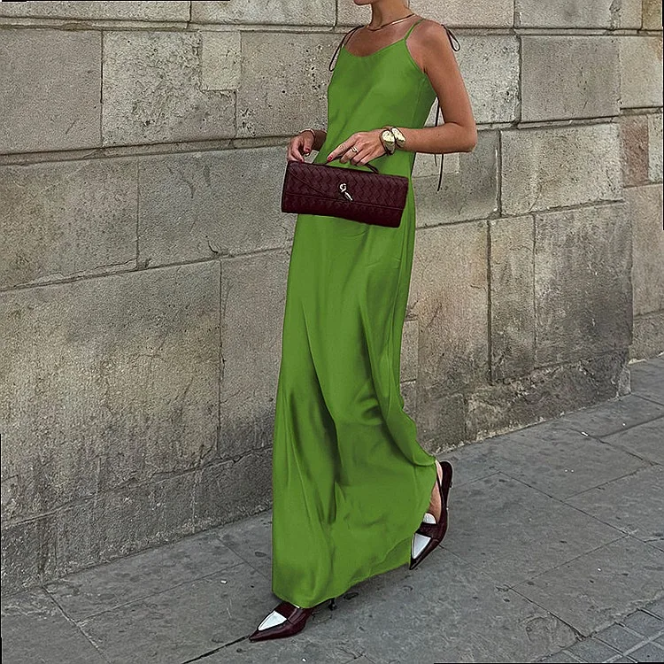 Satin Long Dress Women Sleeveless Strappy Backless High Waist Summer Dresses