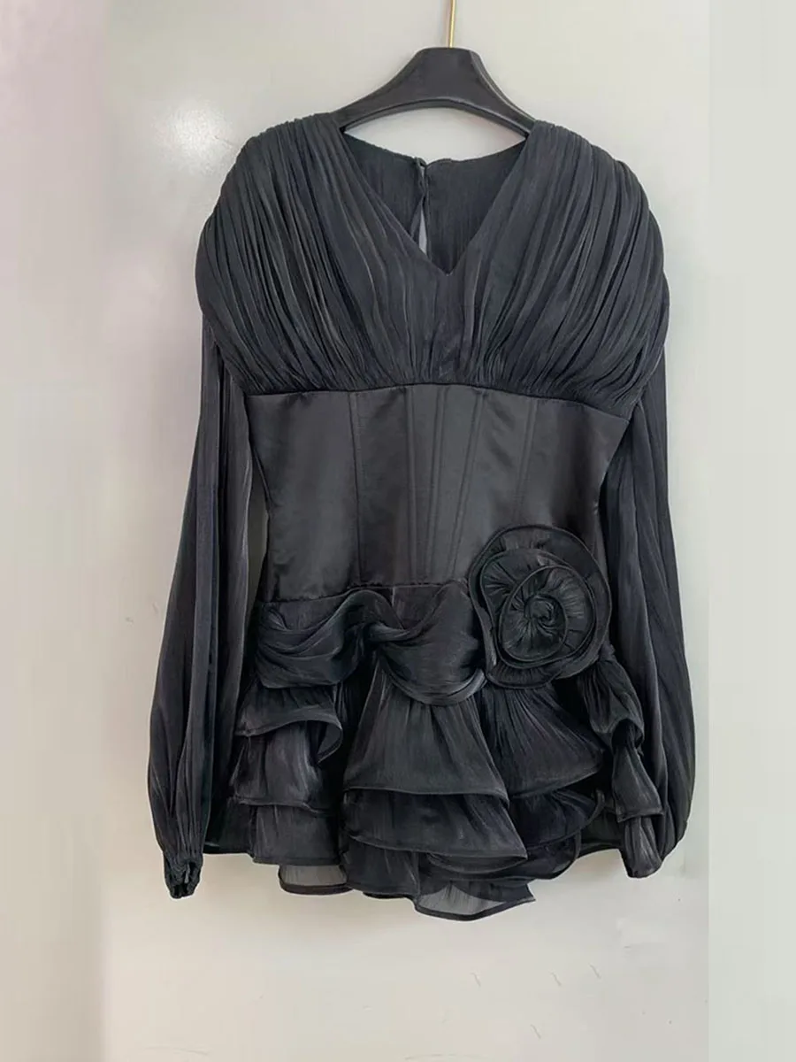 VGH Designer Spliced Appliques Solid Dresses For Women V Neck Lantern Long Sleeve High Waist Irregular Folds Hem Dress Female