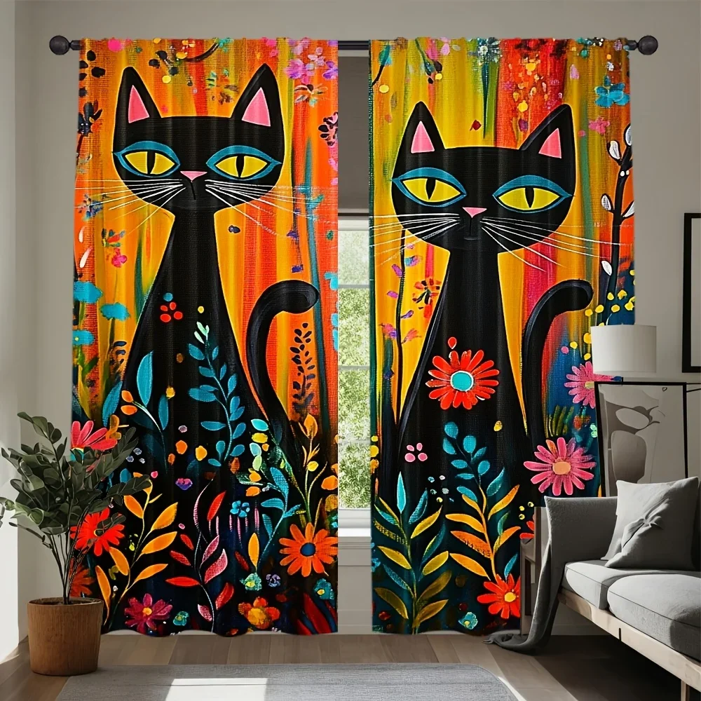 Vibrant Pop Art Cat Curtain Pair for Living Room Boho Tropical Floral Window Drapes