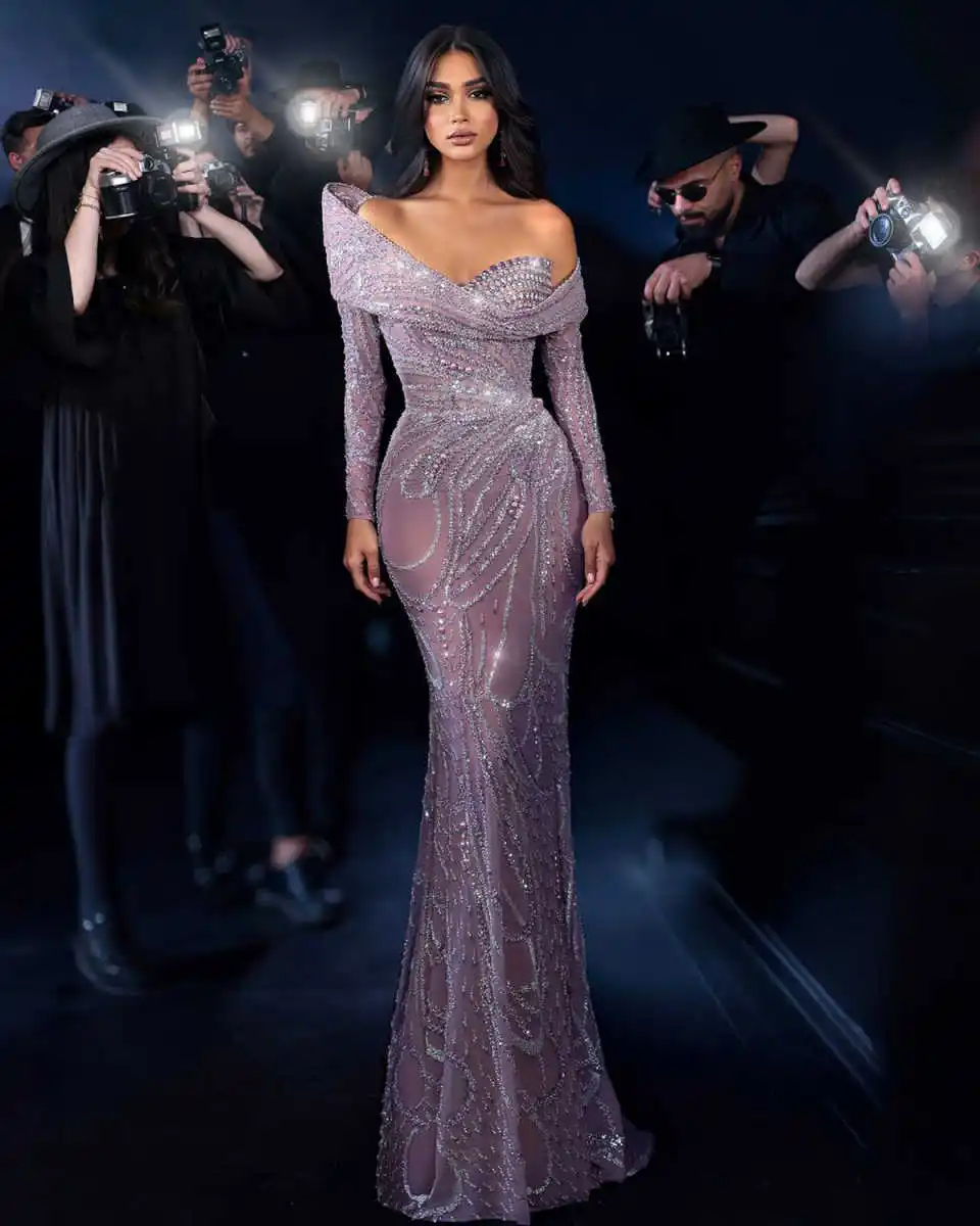 Sexy Mermaid Evening Dresses One-Shoulder Appliques Beaded Floor Length Elegant Party Evening Customized Vestido De Noite