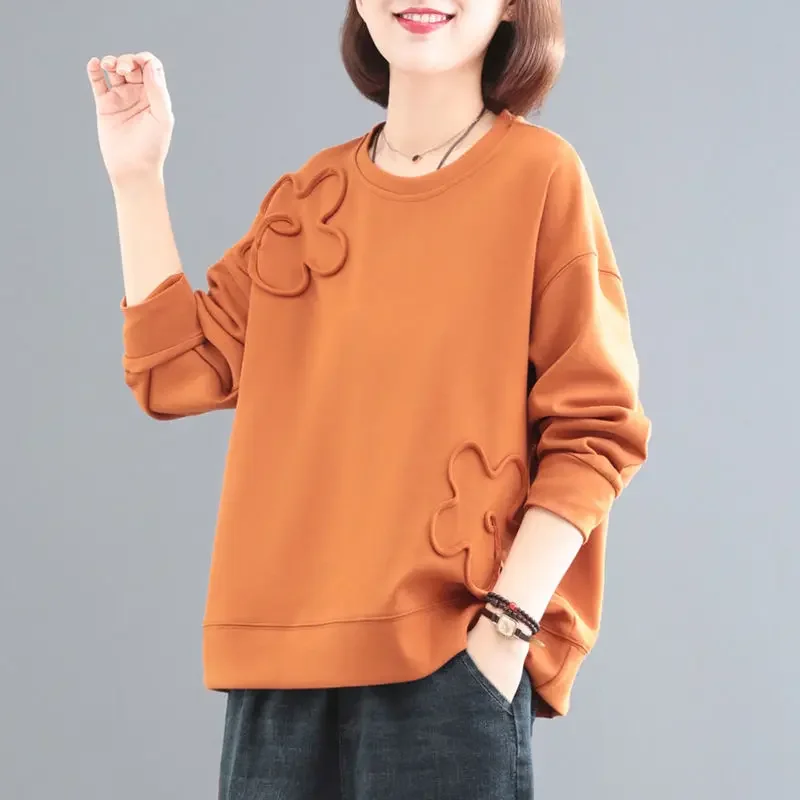

Spring Autumn Solid Color Pullover Lantern Long Sleeve Women's Clothing O-Neck Tie Flowers Pullover Casual Office Lady Tops