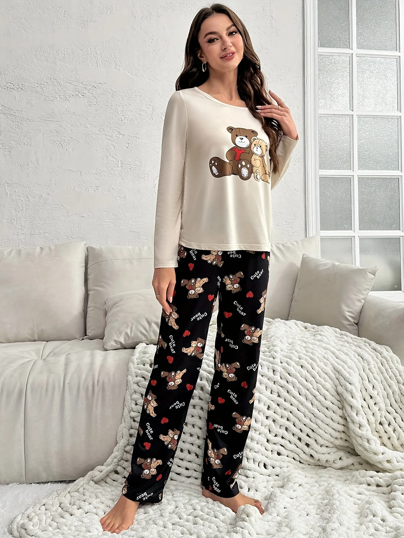 Bear print long sleeve trousers pajamas set