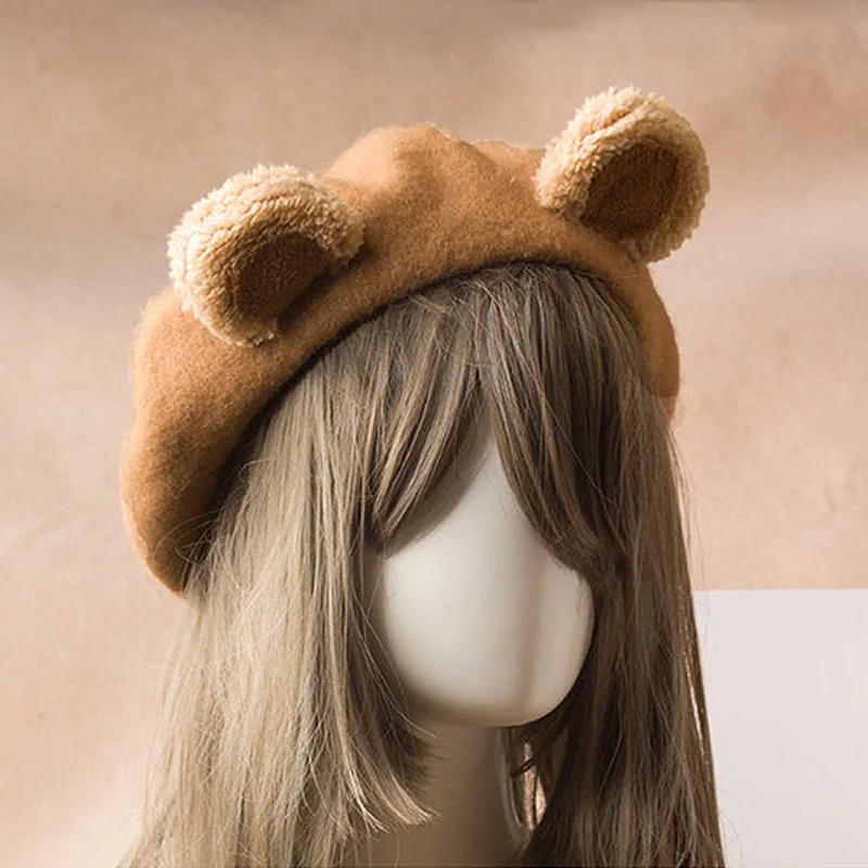 Japanese Style Lolita Girls Cute Bear Ear Beanies Women Casual Beret Hat Painter Hat Artist Cap Pink Bear Ear Beret Decor