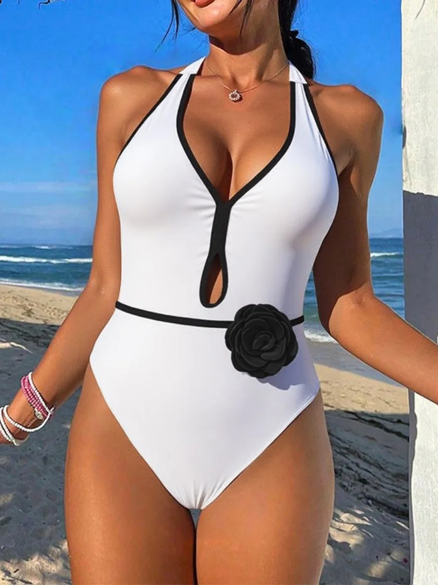 

3D Flower Belt V Neck Splicing Halter Women Swimwear One Piece Swimsuit Female Backless Monokini Bather Slim Bathing Suit Swim