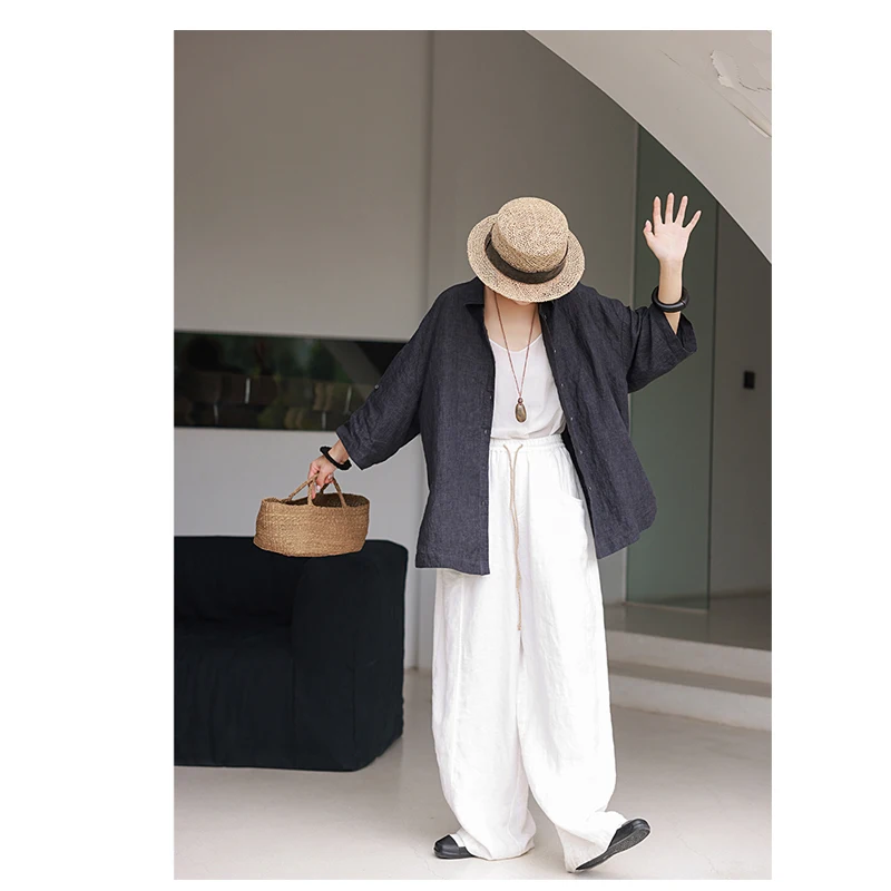 Fengbaoyu Damenhemd aus 100 % Naturleinen – schlichter Stil, Dreiviertelärmel, lockeres Oberteil – Outdoor, lässig und modisch