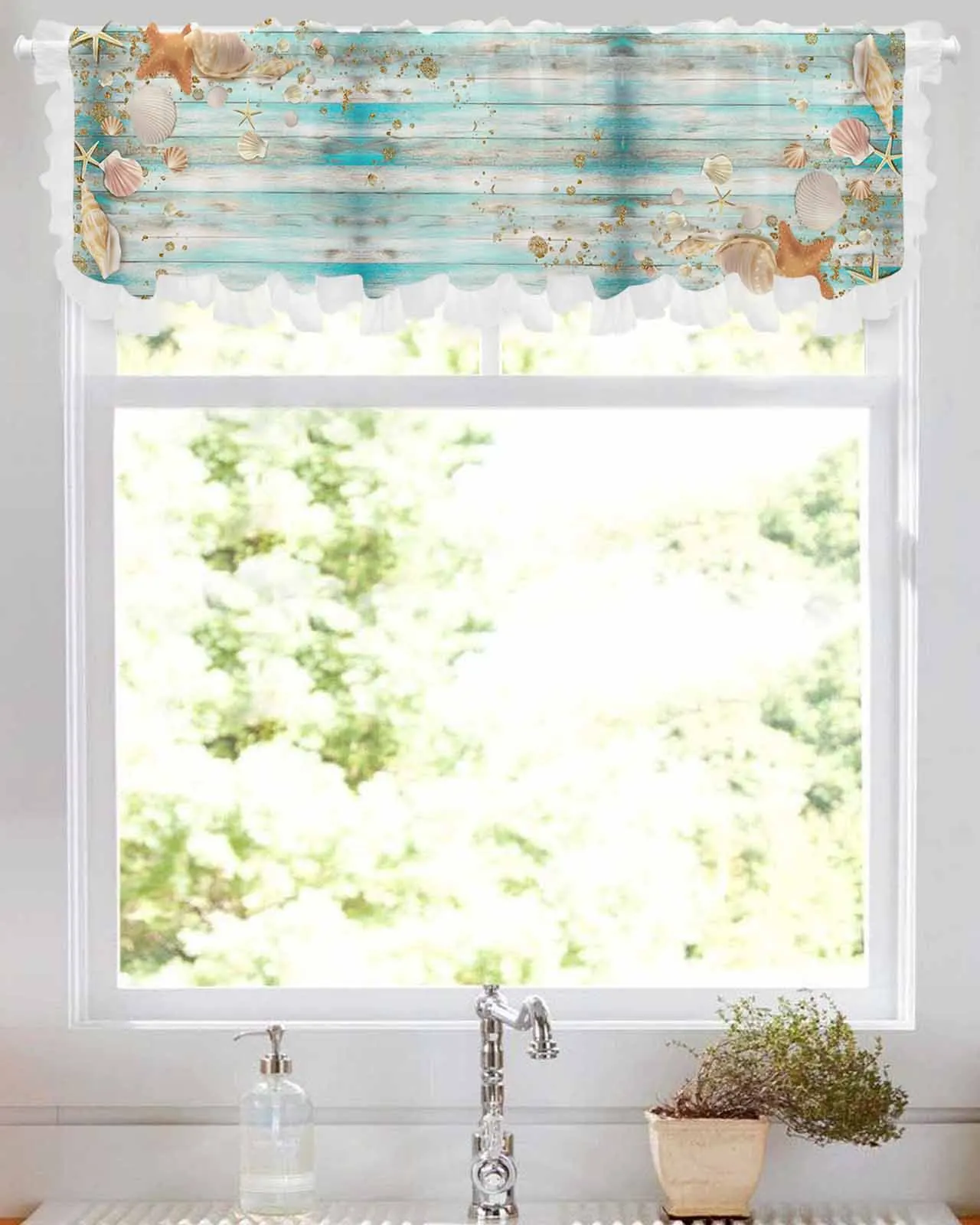 Summer Shell Starfish Wooden Board Short Tulle Half Curtains for Living Room Kitchen Door Cafe Window Sheer Valance Drapes