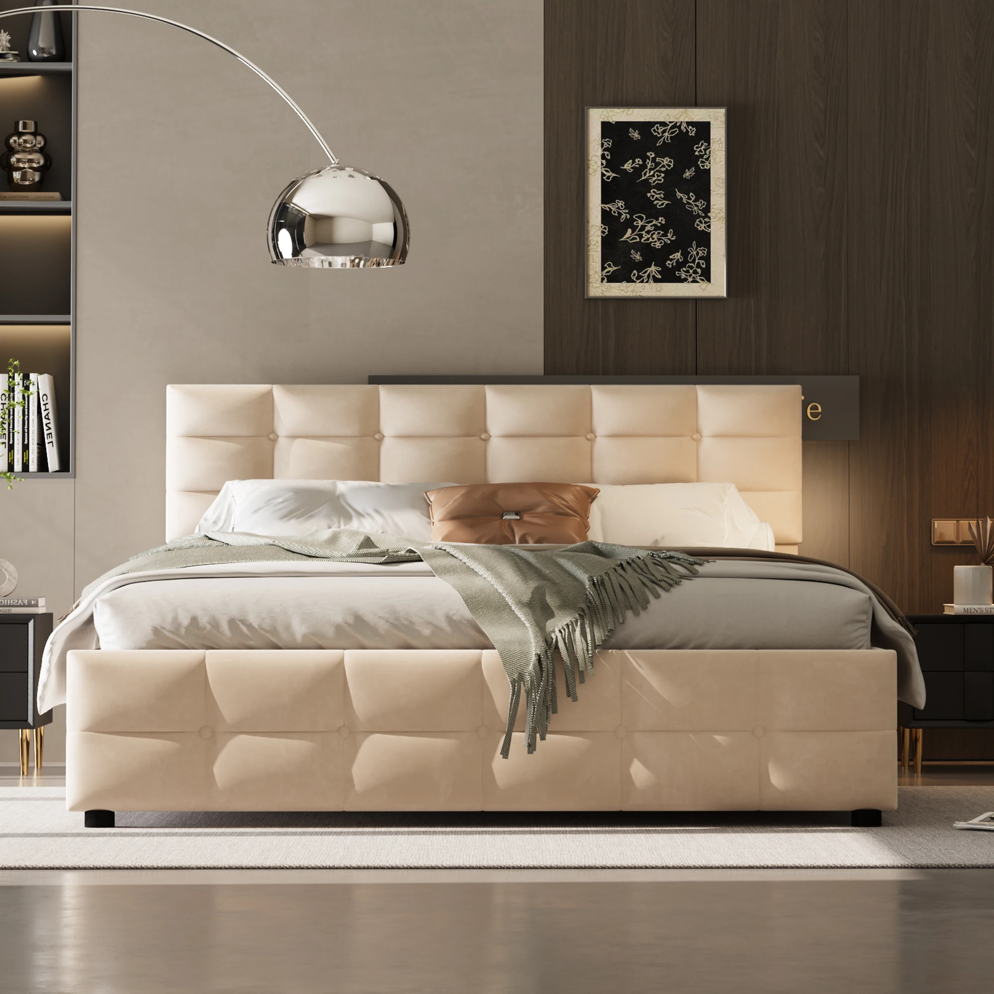 KOMHTOM hydraulisches Einzelbett Polsterbett 180x200 cm aus holländischem Samtstoff mit Lattenrost