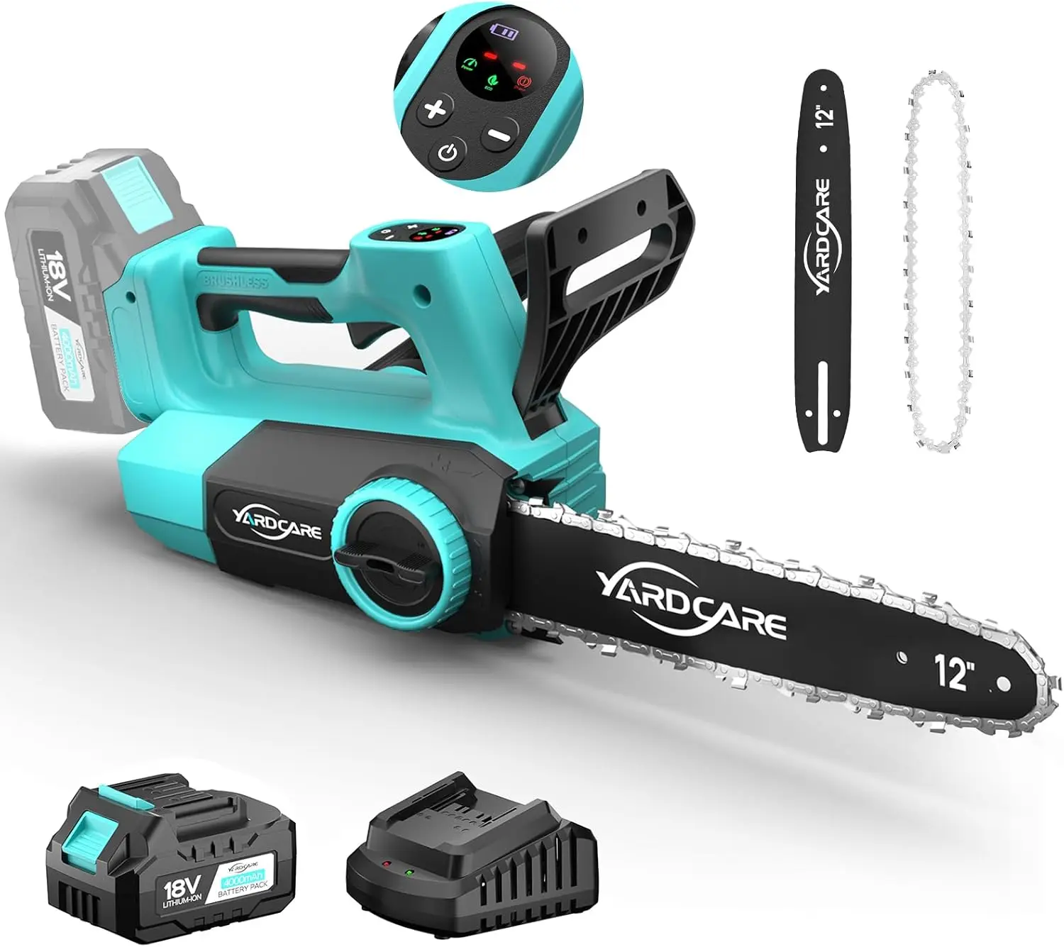 

12-Inch Cordless Electric Chainsaw with Brushless Motor, Dual Modes, LED Display for Wood Cutting
