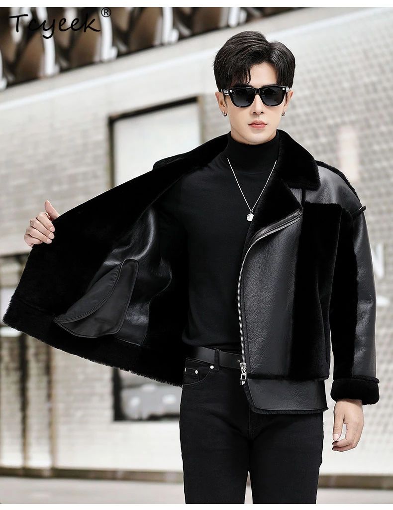Tcyeek Natural Real Sheepskin Fur Coat Men Winter Clothes Genuine Leather Man Jackets 2025 Motocycle Jacket Streetwear Дубленка