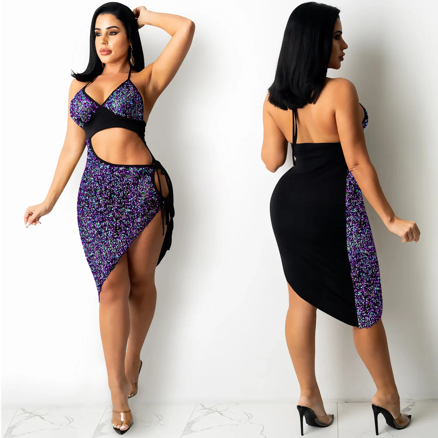 Sexy C5309 Strapl ort Dr Découpes scintillantes Ele imprimé à pois Pas d'échange Pas de retour Wi Faion transfrontalier