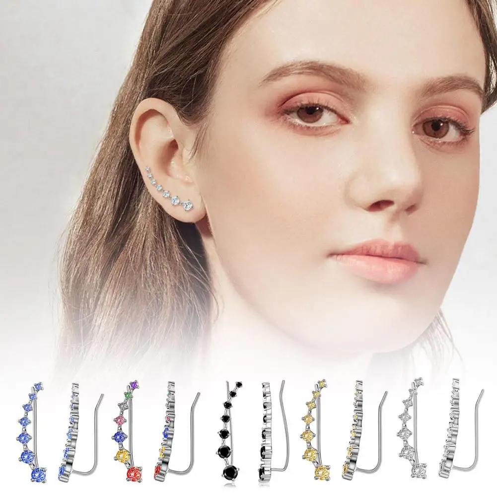 1 Pair Korean Big Dipper Earrings For Women Colored Minimalist Ear Loop Fashion 7 Crystals Leaf Rhinestone Star Ear Clip Jewelry