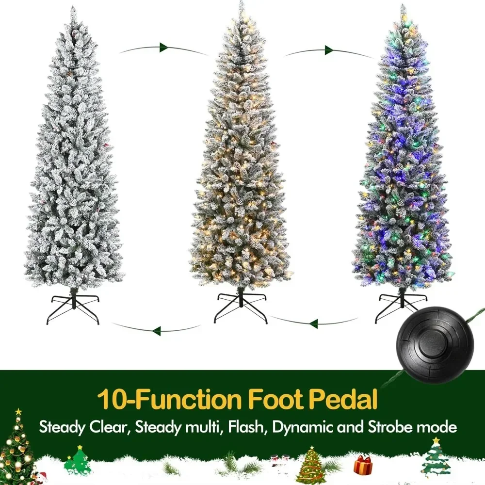 6.5 Ft Prelit Snow Flocked Christmas Tree, 200 Color Changing LED Lights, Metal Stand and Hinged Branches, Christmas Trees