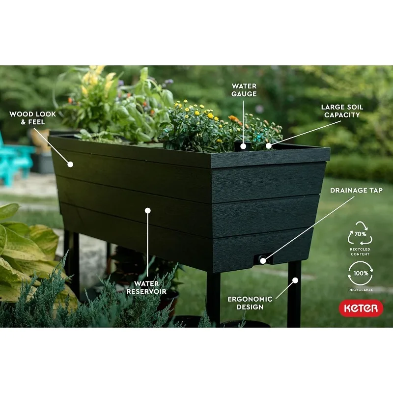 12.7 Gallon Raised Garden Bed with Self Watering Planter Box and Drainage Plug, Dark Grey