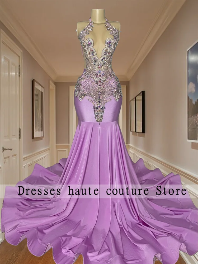 Purple Velvet Crystals Rhinestones Mermaid Prom Dresses 2025 For Black Girls Birthday Party Gown Evening Dresses Customized