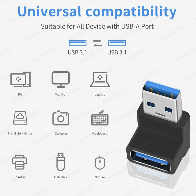 90 Degree USB 3.0 Adapter 10Gbps Extender Male to Female USB 3.1 Type A to Type A Cable Converter for Hard Drive Keyboard Laptop