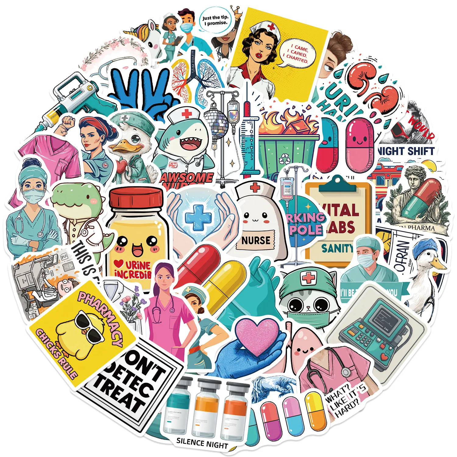 50 Stück Lustige Healthcare-Graffiti-Aufkleber Dekoration für Gepäck, Handy, Skateboard Wasserfeste Aufkleber Klassisches Kinderspielzeug Partygeschenke