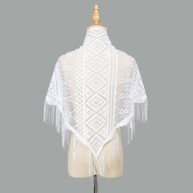 Elegant Tassels Triangular Scarf Polyester Prayer Shawls In Church Pure Color Lace Scarf Femme Wedding Scarves Transparent Shawl