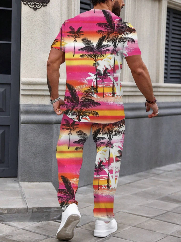 Spring and Summer Suit Two Piece Slim Short Sleeve Long Pants Suit Hawaii Holiday Printed Casual Fashion Simple Sportswear