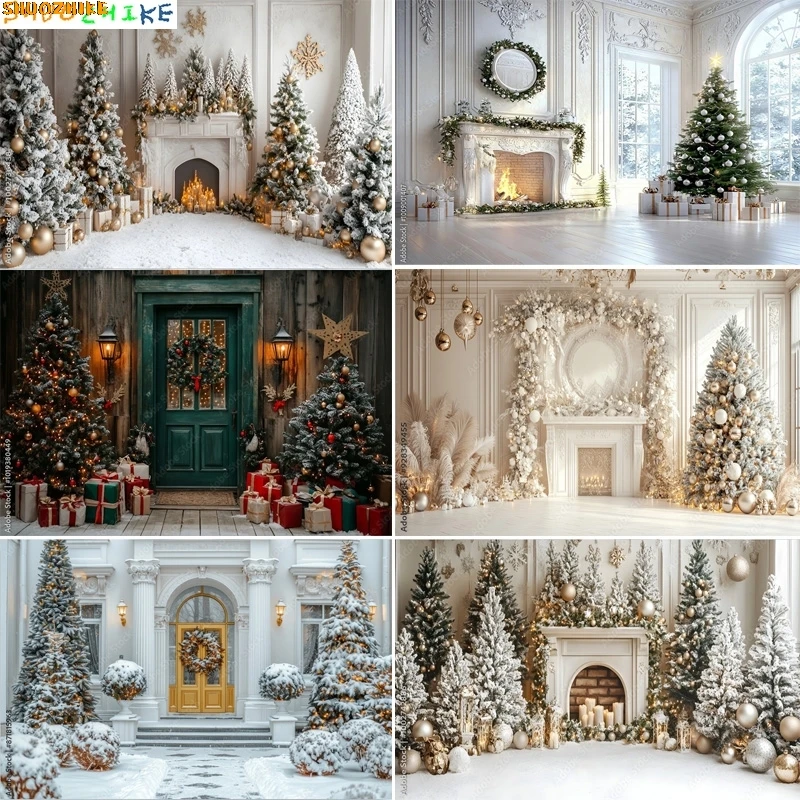 

Christmas Day Pine Tree Photography Backdrop Props Xmas Eve Family Party Living Room Decor Fireplace New Year Background CT02