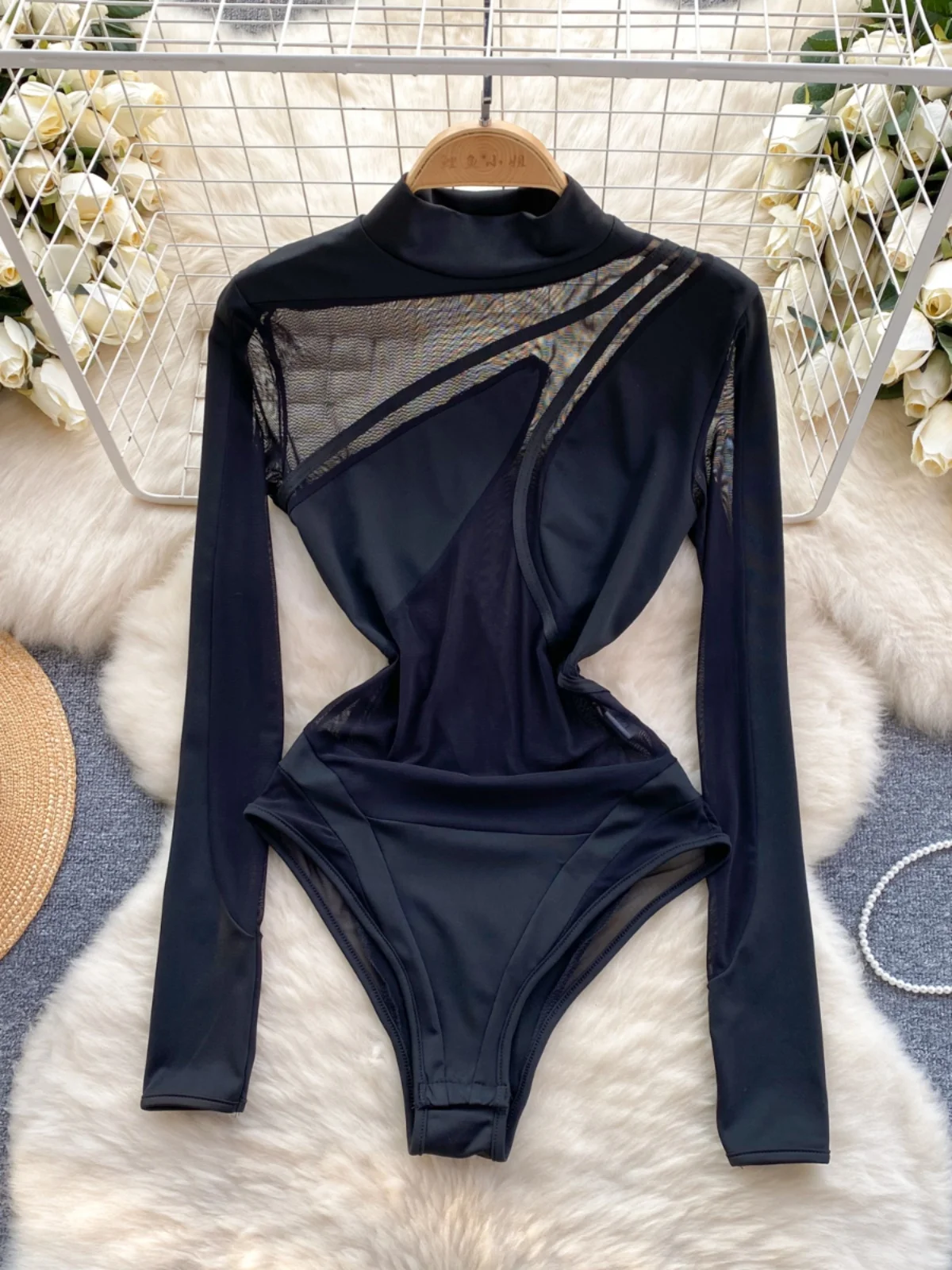 Fashion New Jumpsuit Women's Irregular Mesh Slim Fit Stitching Long-Sleeve Bottomming Shirt Trendy Jumpsuit Women's Clothes