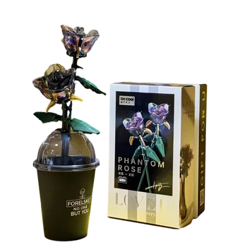 Knew Built Elegant 3D Black Rose Flower Building Block Set - czerwony i żółty model bukietu, precyzyjne zabawki, wystrój domu, pomysł na prezent