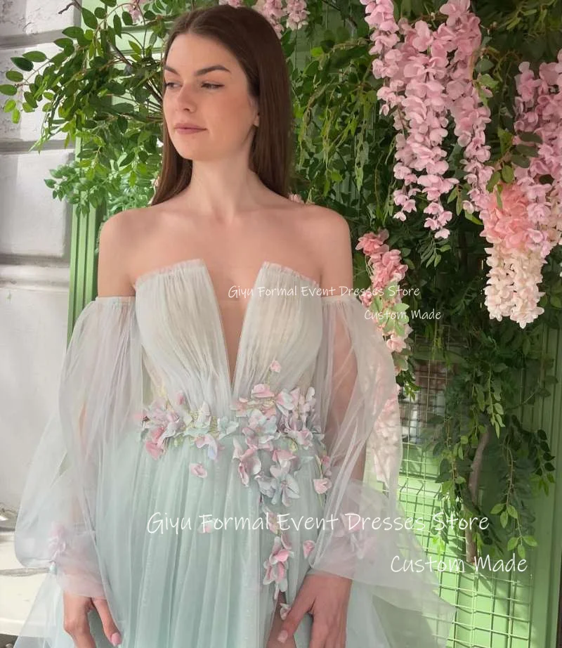 Giyu Fairy Mint Green Tulle Long Prom Evening Dresses Strapless 3D Flowers Split Sexy Long Sleeves Formal Party Dress Vestidos