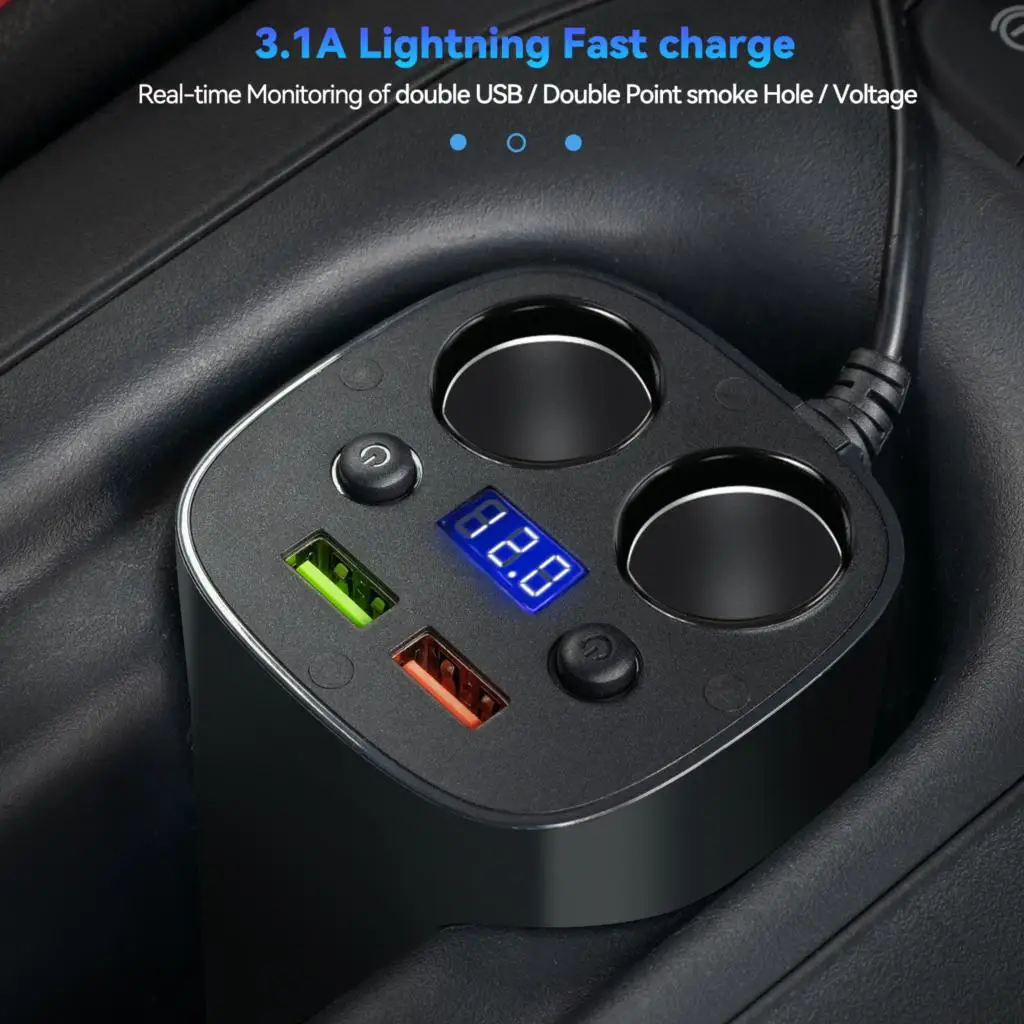 Car Charger Cigarette Lighter Adapter Splitter 2 Socket QC3.0 Fast Quick Charge Charging Cup Holder LED Voltmeter Display Switch