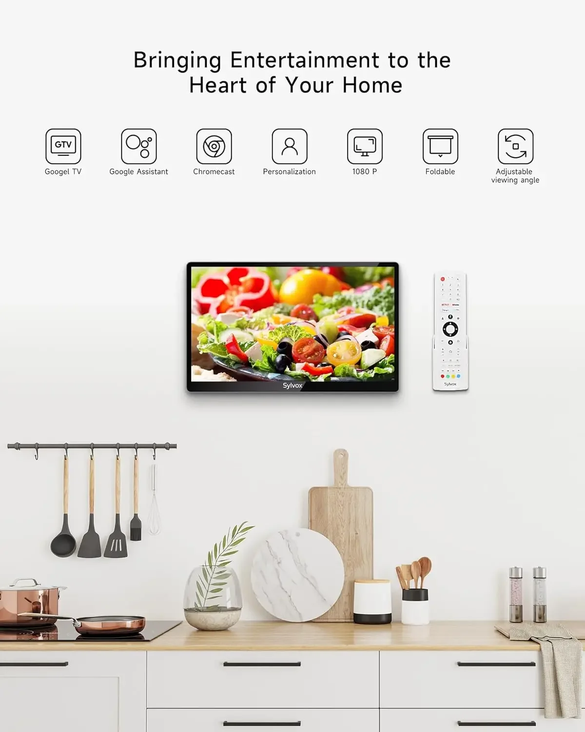 TV de cocina, pequeña TV inteligente para cocina, televisores Full HD de 15,6 pulgadas 1080P debajo del gabinete, televisión inteligente de Google con control remoto por voz