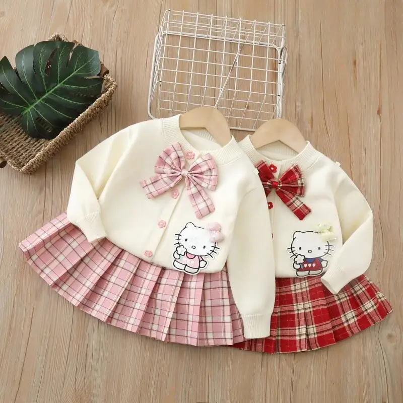 

Осенний вязаный комплект пальто для девочек в стиле аниме «Hello Kitty», кардиган в студенческом стиле Jk, куртка и плиссированная юбка, комплект из двух предметов для детей