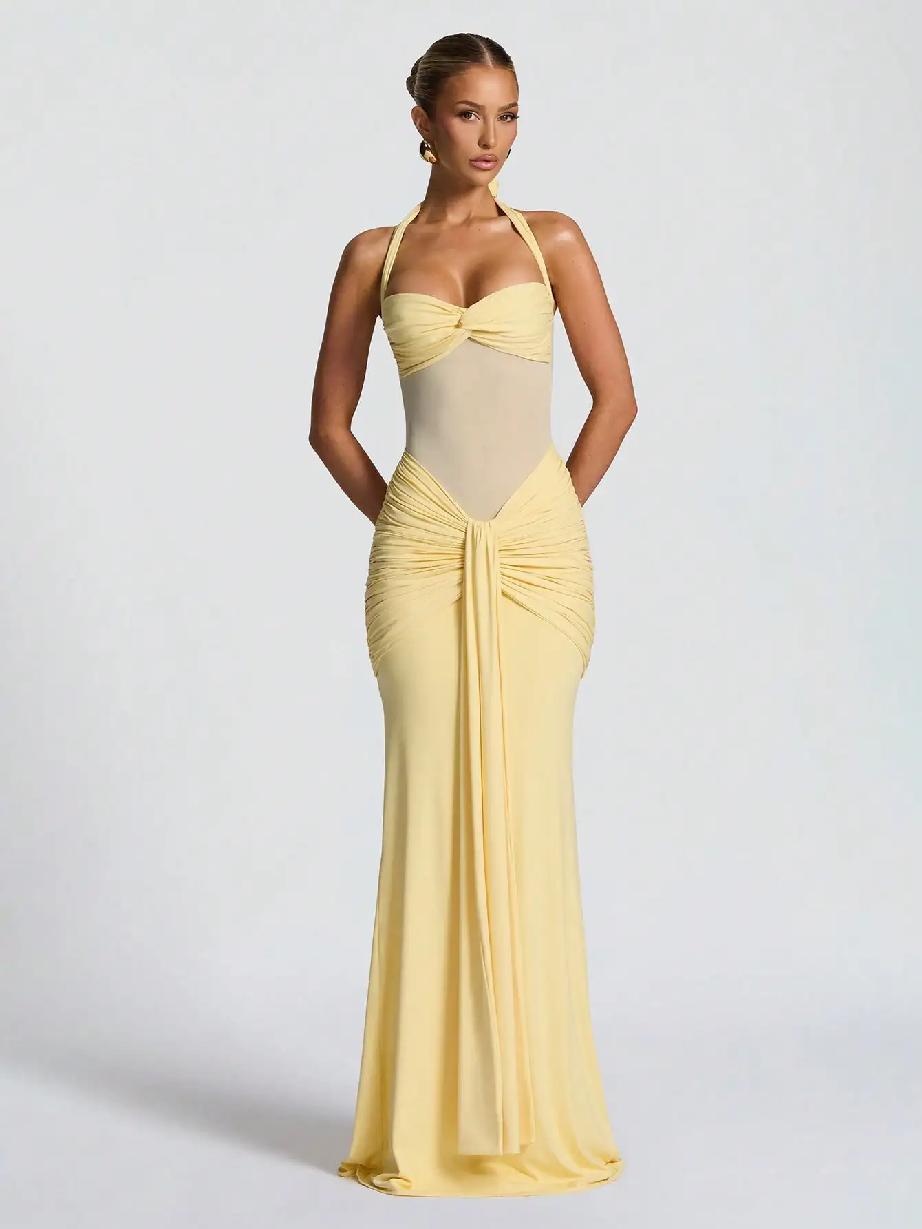 

Yellow Halter Neck Ruched Waist Maxi Dress with Sheer Panel