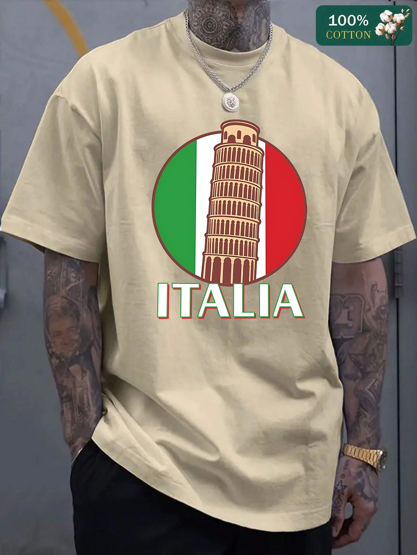 

Leaning Tower Of Pisa, Italy Pattern T Shirt Mens Summer Crewneck Sportswear Cotton All-Match Clothes Multicolor Loose T-Shirts