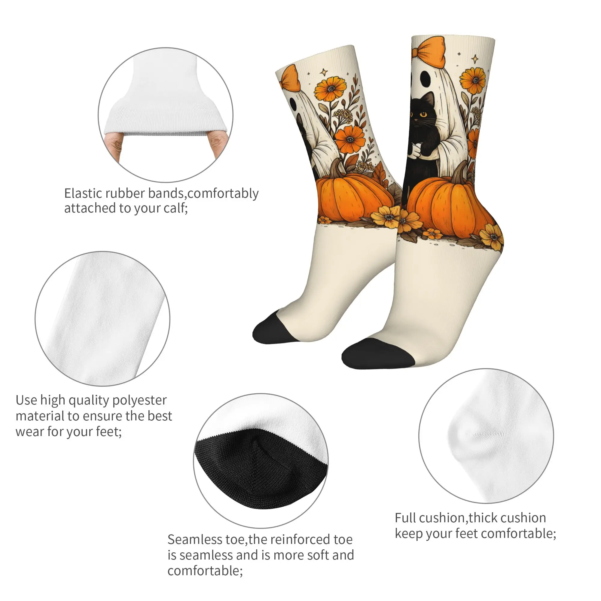 Harajuku Vintage Halloween Ghost Holding Black Cat Basketball Socks Groovy Floral Polyester Crew Socks for Women Men Non-slip