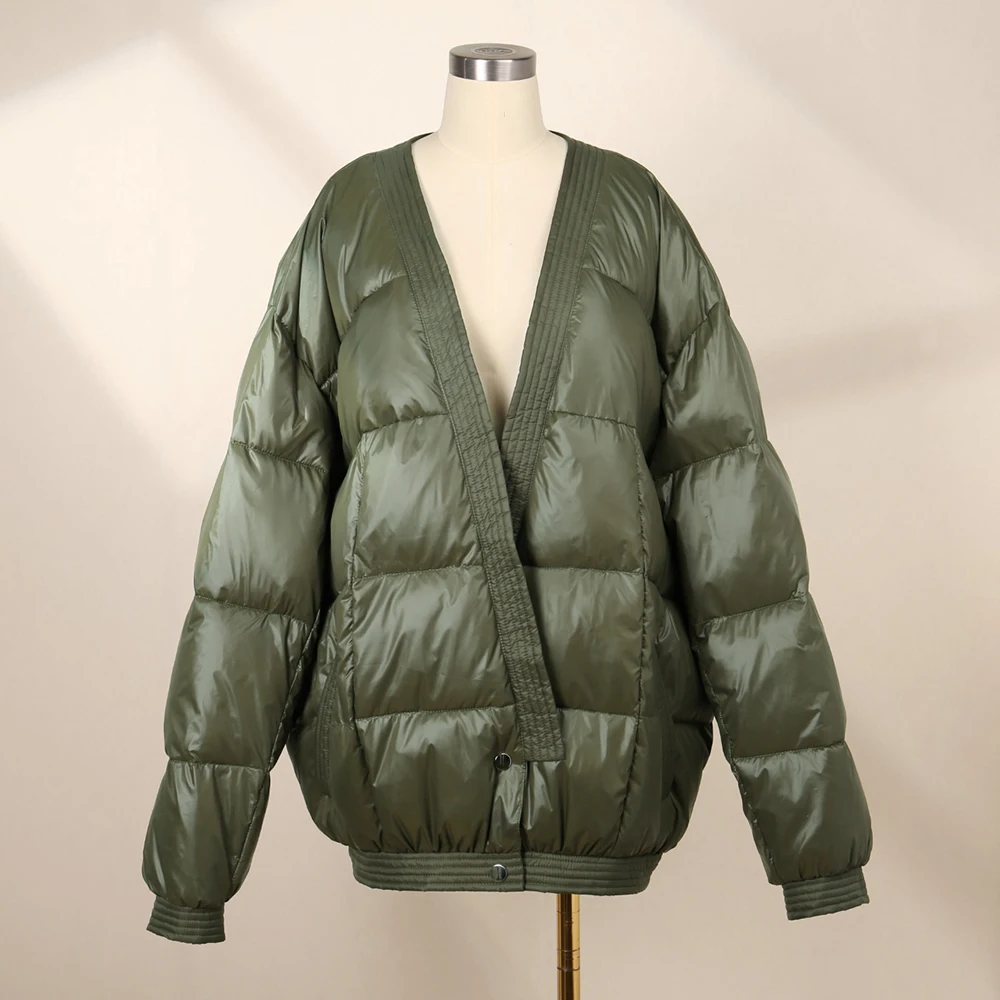 

High Quality Army Green Women Jacket Y2k V-Neck Waisted Elegant Commuter Thickened Warm Down Cotton Jacket Tops 2024 Fall New