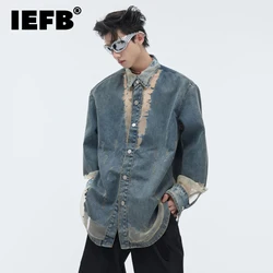 IEFB Men Shirt Niche Hollowed Out Design Denim Shirts Lace Patchwork Top Single Breasted Turn-down Collar Male Tops 24E1006