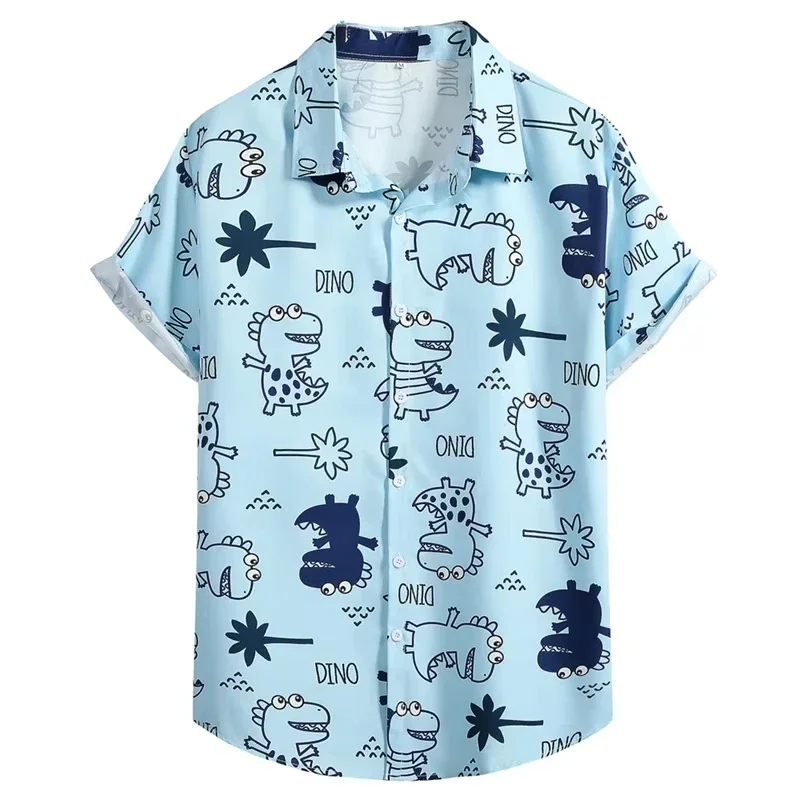 3d Print Cartoon Dinosaur Hawaiian Shirt Men Clothing Oversized Short Sleeve Tops Beach Vacation Apparel Button Lapel Blouse