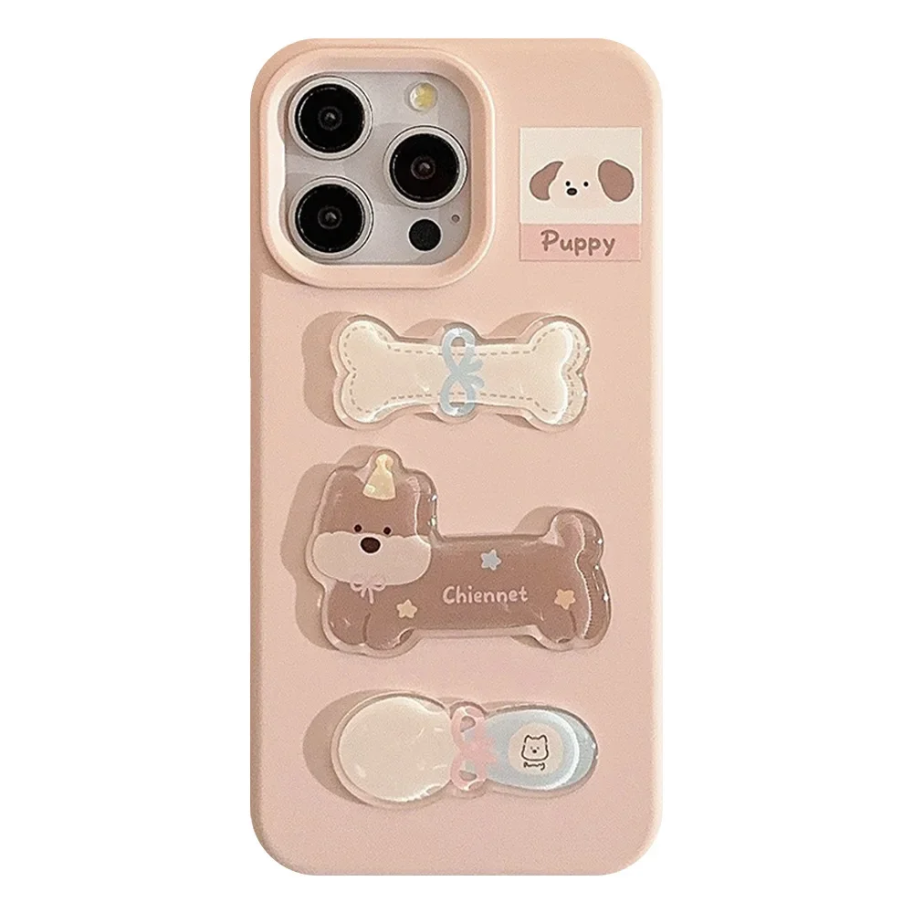 Funny puppy gift bone toy Gentle Pink Phone Case For iPhone 17 16 15 14 13 12 Pro Max Case Cute Cartoon luxury shockproof Cover