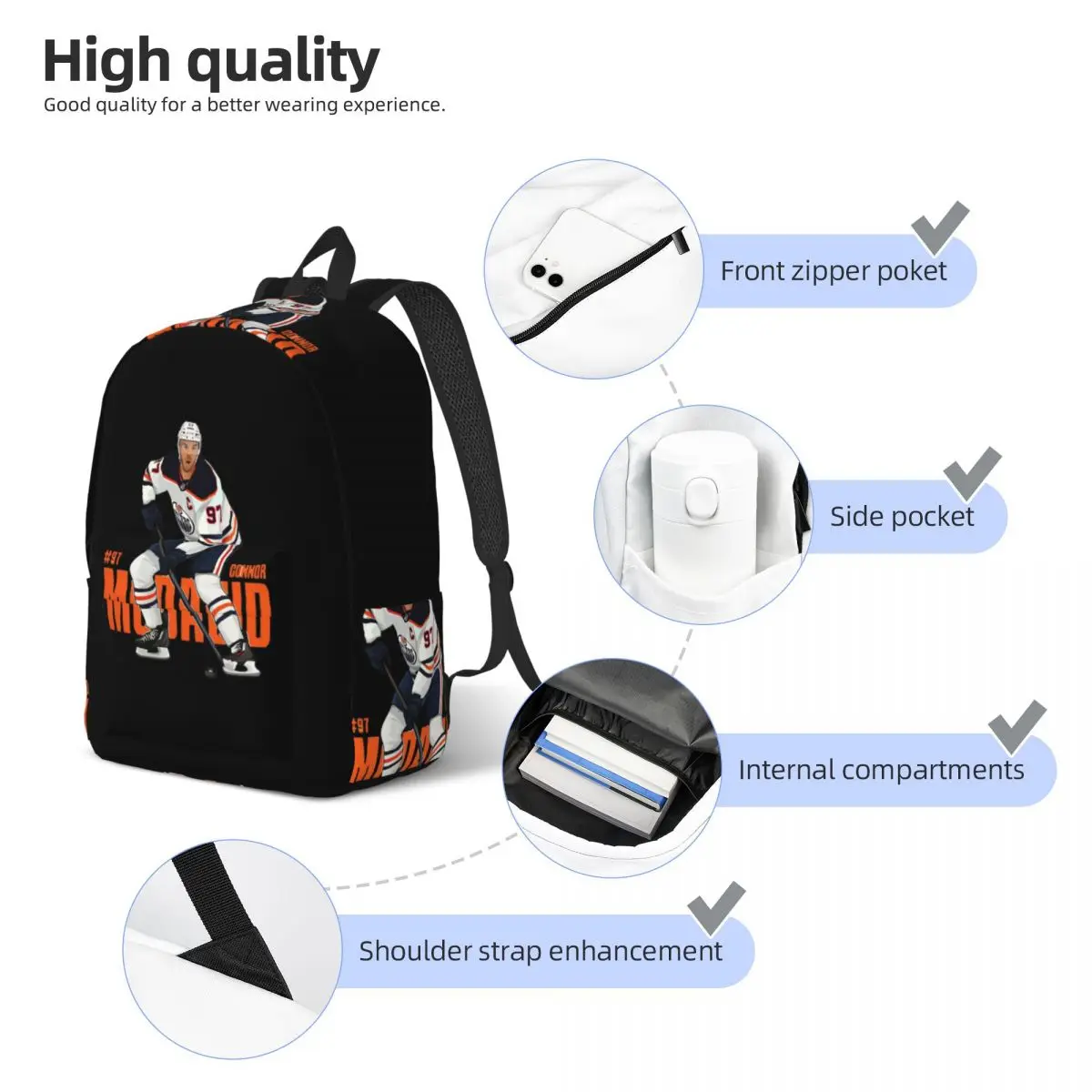 Connor McDavid For Edmonton Oilers Fans Student Backpack School Bag Hiking Travel Daypack for Men Women Bookbag Shoulder Bags