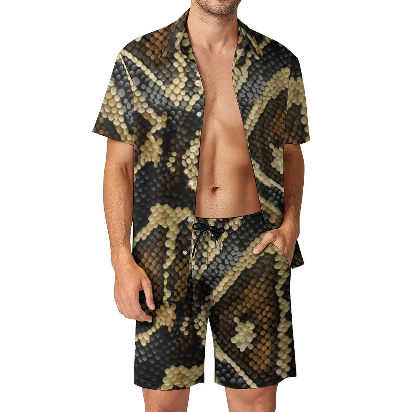 Setelan baju pria, musim panas kulit ular cetak 3D kemeja lengan pendek mode celana pendek pantai ukuran besar pakaian jalanan Hawaii