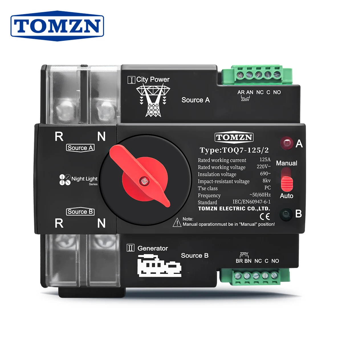 TOMZN Night light series Din Rail ATS 220V 230V Dual Power Automatic Transfer Electrical Selector Switch  2P 63A 100A 125A