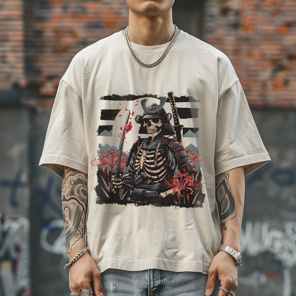 Skeleton Ukiyoe Samurai Shirt, Hiphop Tops Y2K Washed T-shirt, Oversized Streetwear Vintage Washed Surf Tshirts For Women Men