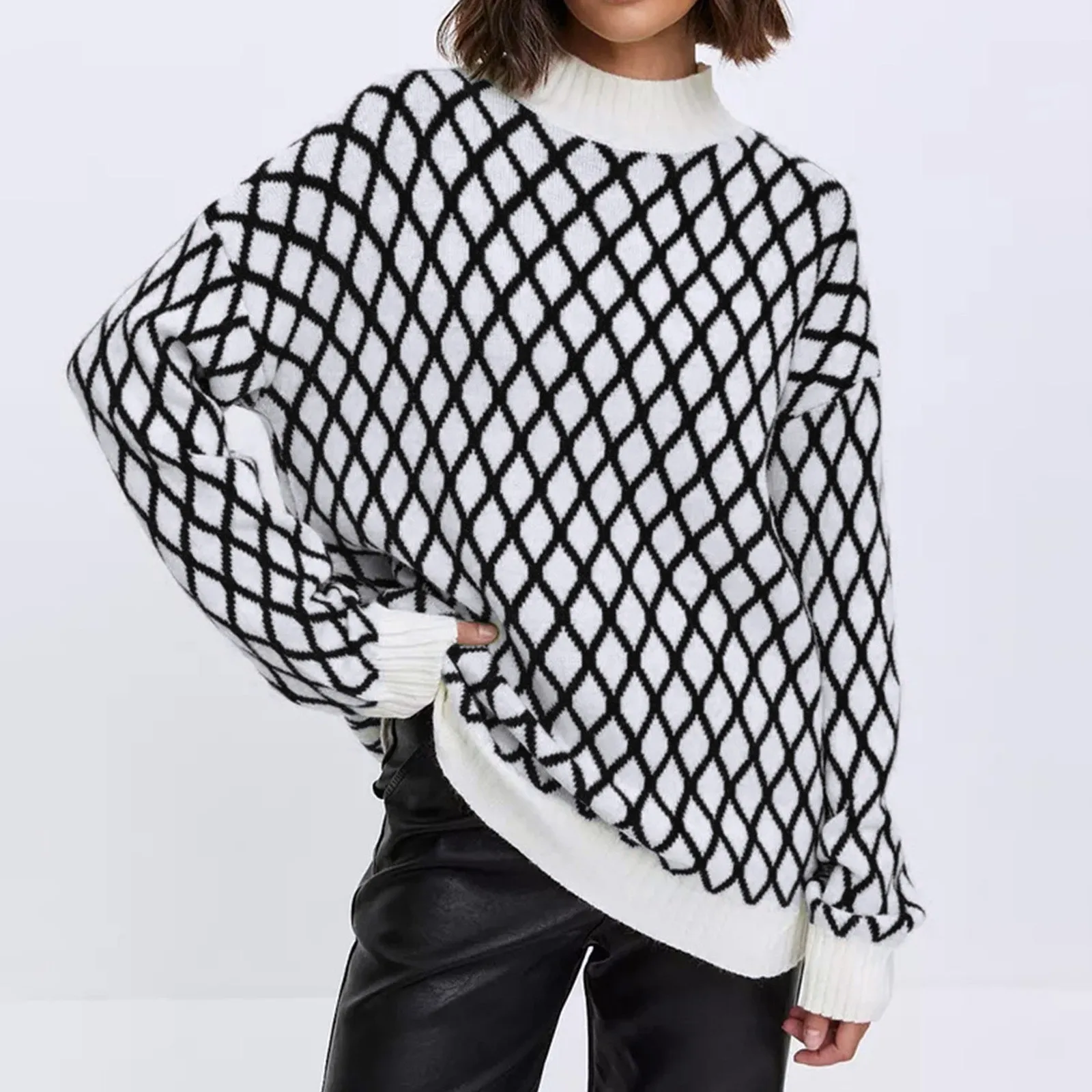 

Women's Long Sleeve Plaid Loose Knit Sweater Top Casual Comfy Pullover Fall Winter Fashion Ladies Oversized Sweatshirt Clothes