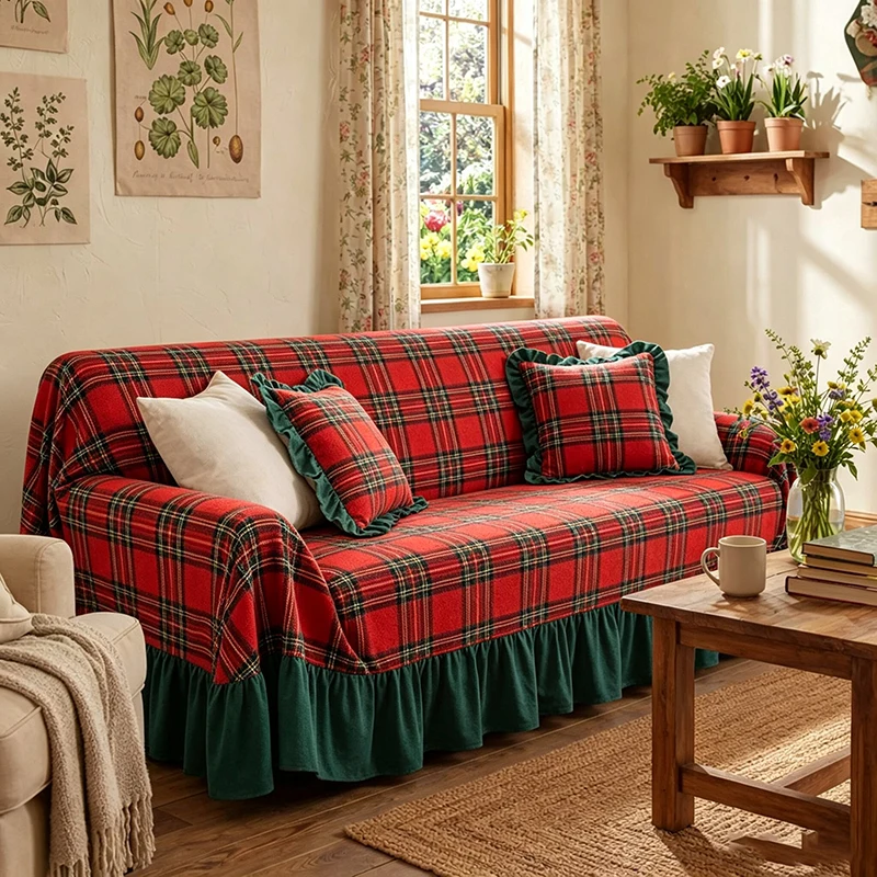 Buffalo Plaid Couch Cover with Ruffle Christmas Tablecloth Washable Livingroom Sofa Covers for Dogs Cats Pet Furniture Protector
