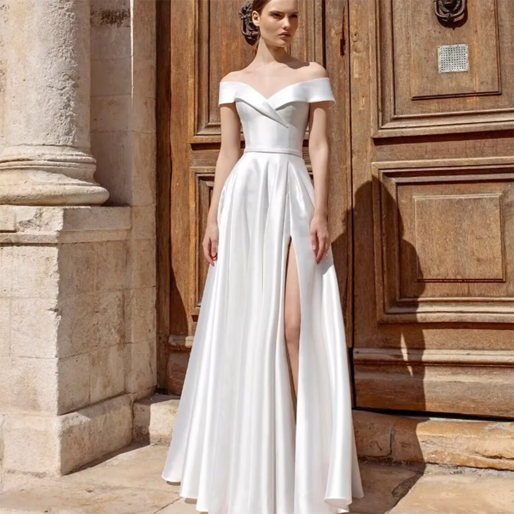 Classic Solid White Women Prom Dress Simple Off Shoulder Floor Length High Side Split Backless Sexy A-Line Sleeveless فساتين سهر