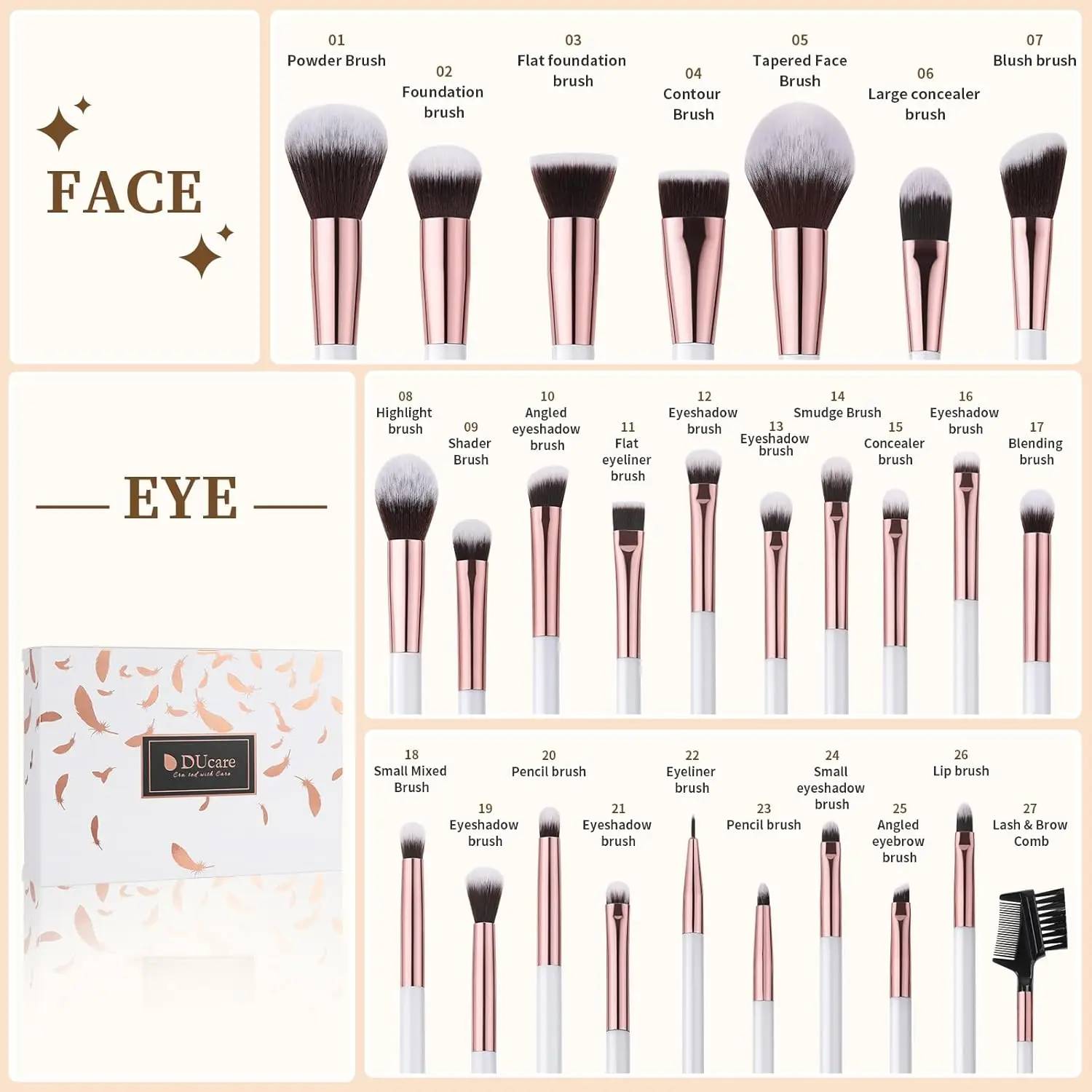 Conjunto de pincéis de maquiagem profissional, 27 peças: base kabuki sintética, pó facial, blush, corretivos, kit de sombras para os olhos em branco