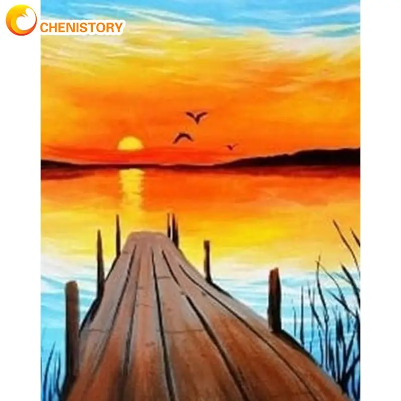 

CHENISTORY Oil Painting By Numbers On Canvas Sunset Landscape Number Painting For Adults Kids Home Decors Diy Gift Handpainted