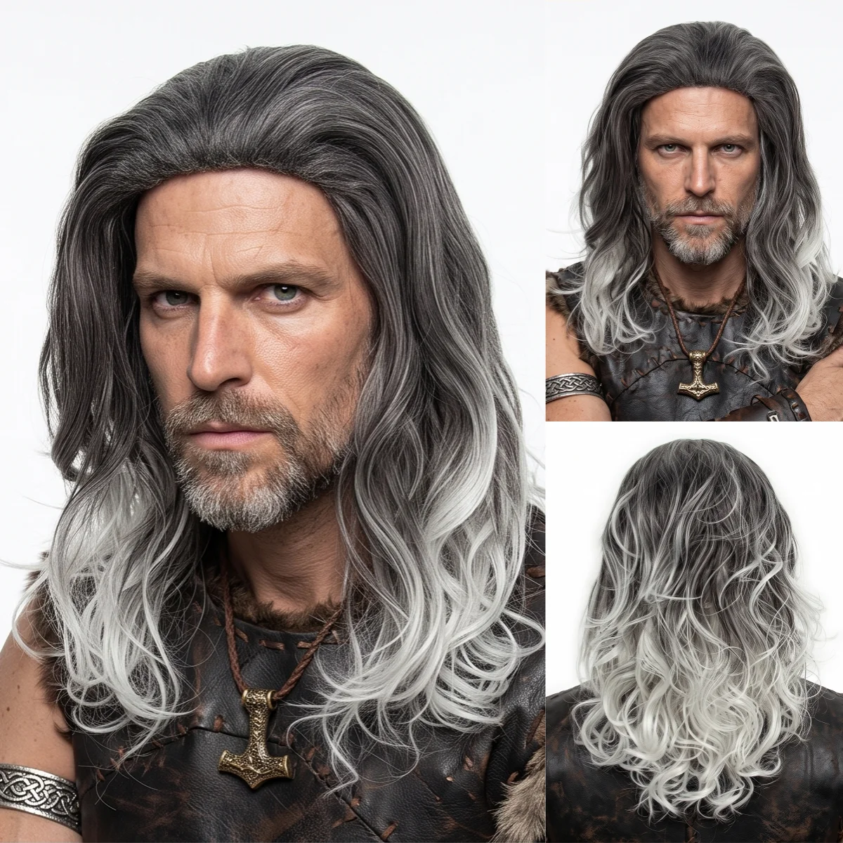 REEWES Viking Wig Men Long Curly Silver Grey Ombre Wig Norse Warrior Medieval Barbarian Cosplay Synthetic Wig Halloween Party