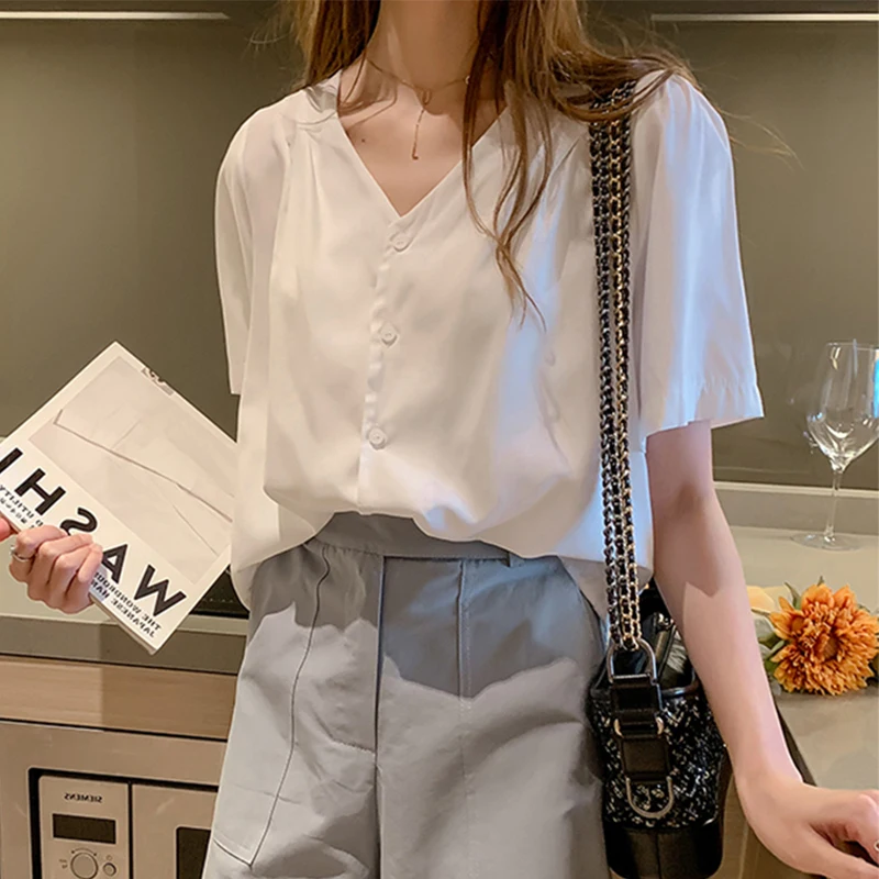 

Women's V-neck Short-sleeved Chiffon Top Summer New Style Belly Concealing Base Layer Fashionable Stand-up Design Small Shirt