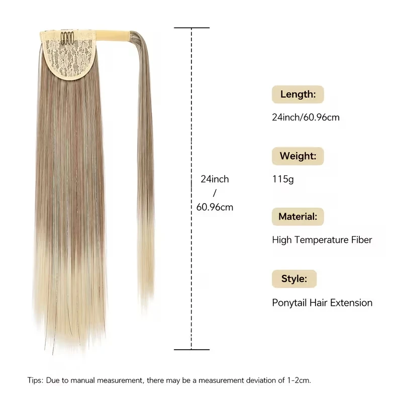 24Inch Synthetic Ponytail Extension Long Straight High Temperature Fiber Hairpiece Wrapped Around Clip-In for Women Daily