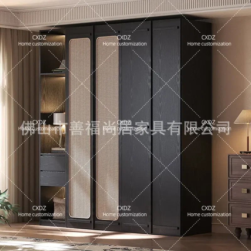 Solid Wood Oak Antique Black Wardrobe Rattan Skeleton Line Simple Storage Cabinet for Bedroom Small Apartment Household